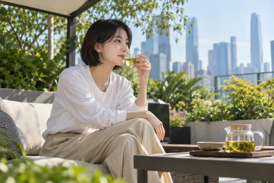 城市花园里，玻璃杯冷泡茶放在户外桌面上