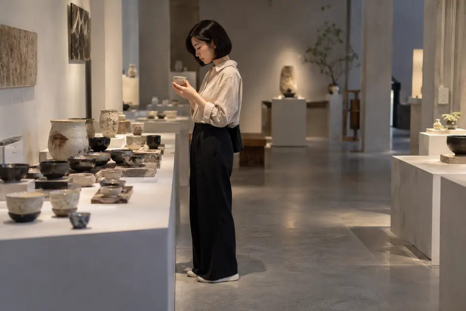 茶器展览现场，陶瓷杯盏陈列供人观察品饮