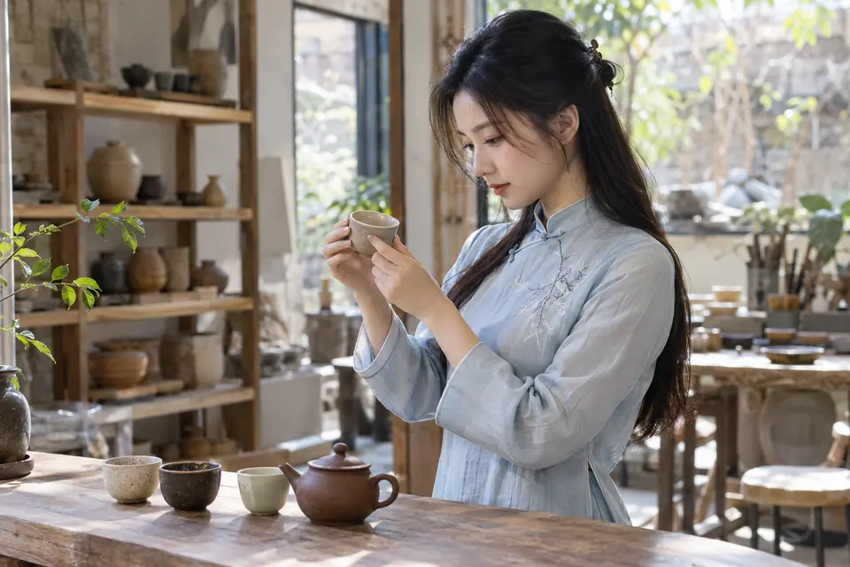 手工陶杯陈列在桌面上，有人正在挑选观察