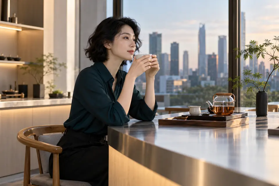 现代设计茶吧内，白瓷茶具摆放在简洁桌面上