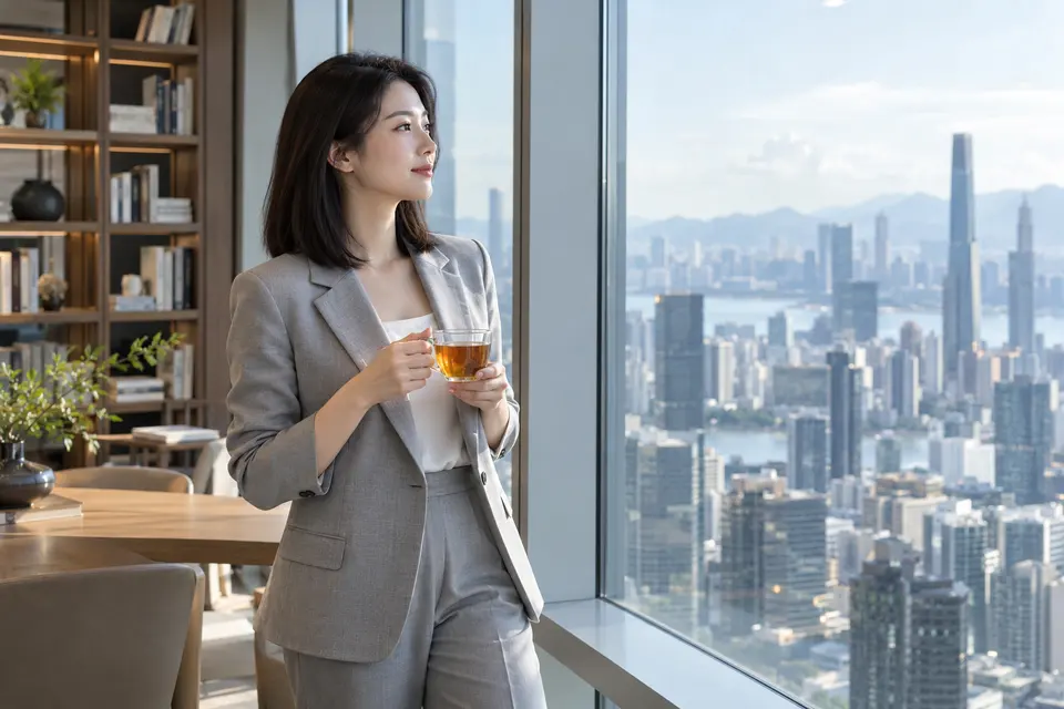 都市高层午后，一位年轻女性在玻璃杯旁阅读，窗外是深圳城市天际线