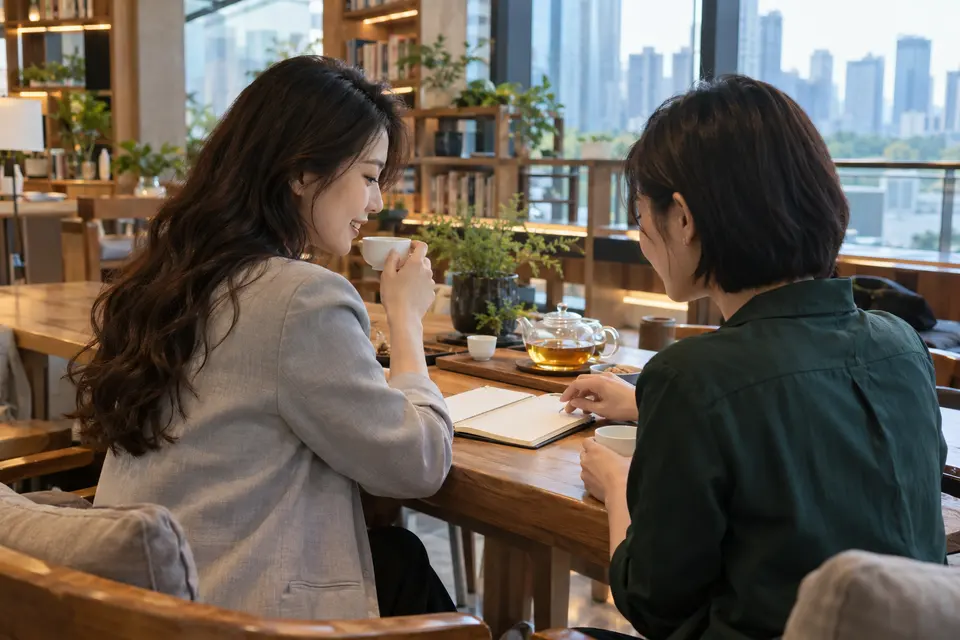 共享书房里，一位年轻女性在茶桌旁阅读并做记录
